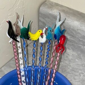 Vintage set of 8 candy twist hand-blown glass swizzle sticks fish penguin swan